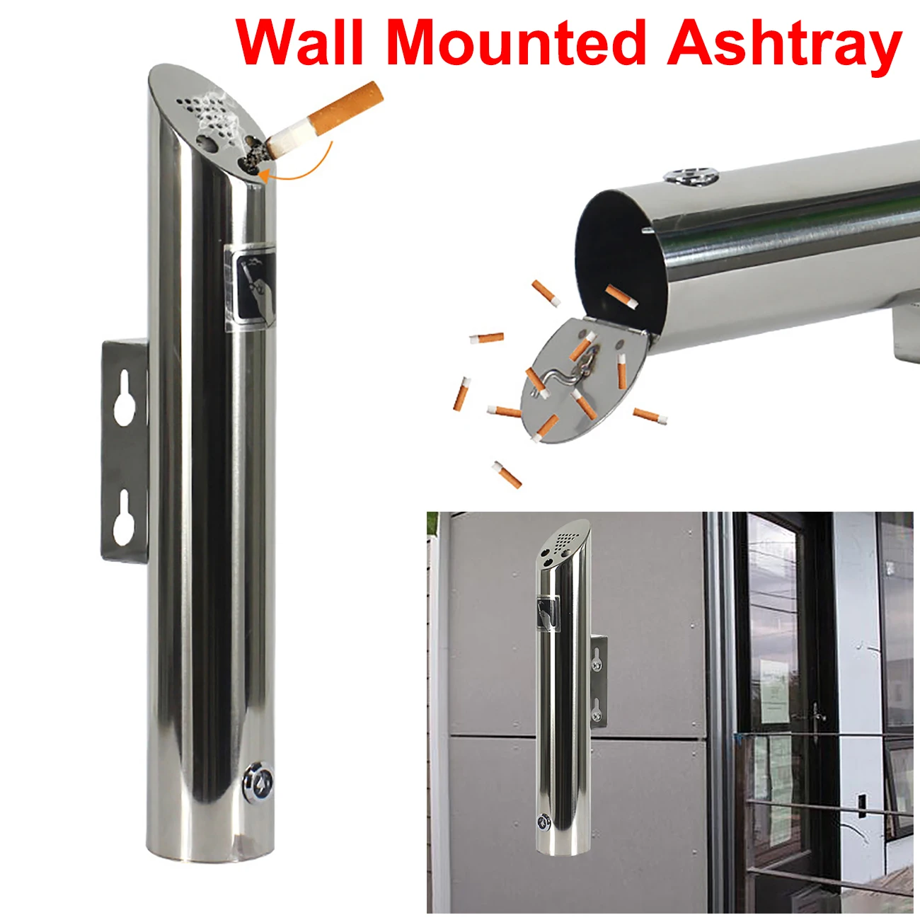 Stainless Steel Public Wall-mounted Ashtray Outdoor Cylinder Ashtray Cigarette Ash Bin for Hotels Shopping Malls Street Clubs