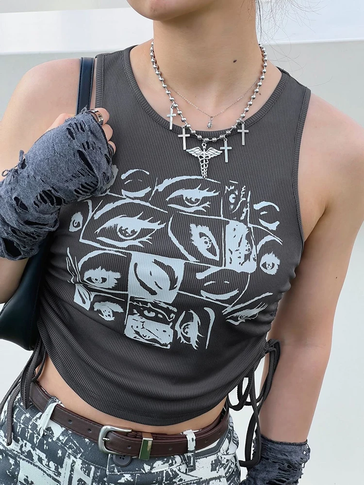 

Женские топы с принтом глаз в стиле ретро, укороченные топы с рисунком феи и гранж Y2K, жилет с коротким рукавом, футболки в стиле Харадзюку, уличная одежда на подтяжках