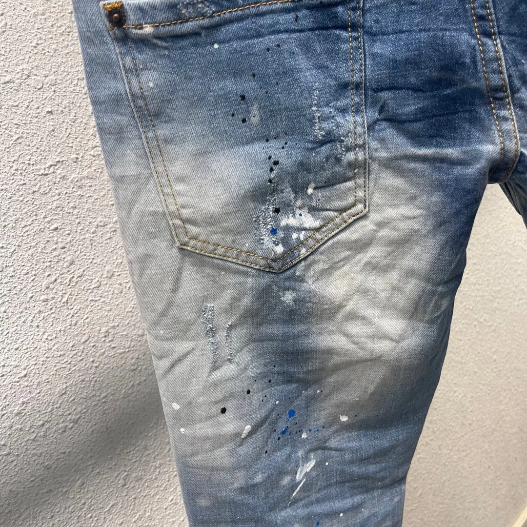 Spring/Summer 2023 New Fashion Men's Blue Speckle Jeans Fashion Wash Slightly Elastic Simple Versatile Slim-fit pants