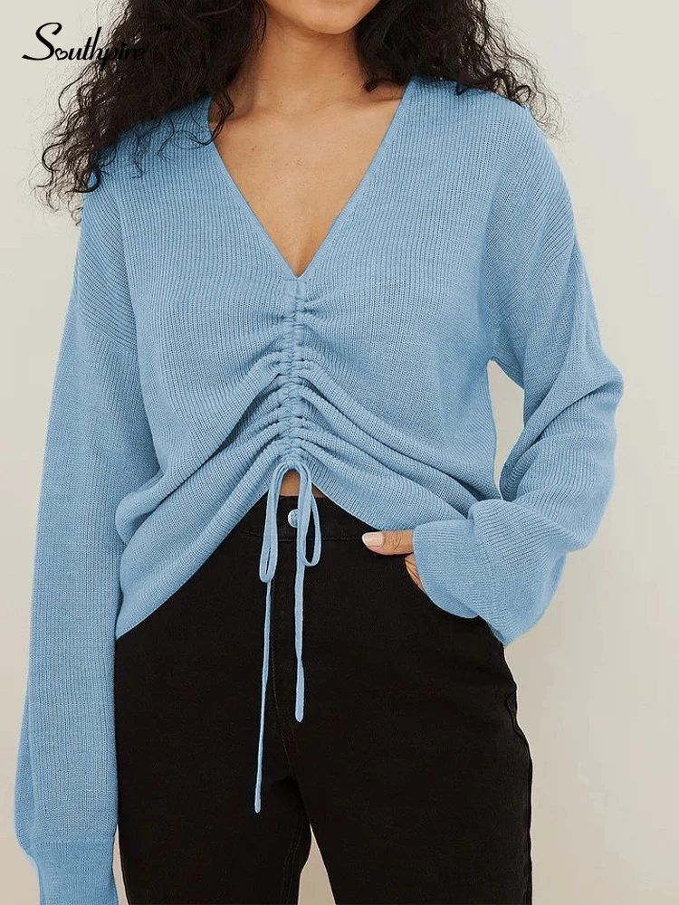 

S.FLAVOR осенний модный вязаный Топ с v-образным вырезом и завязками для женщин, однотонный Повседневный пуловер с v-образным вырезом и длинными ...