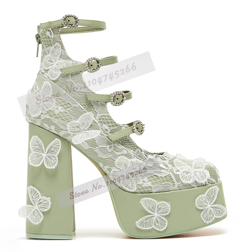 Белые кружевные туфли-лодочки на платформе с бабочкой и зеленым лотосом, необычные модельные туфли на массивном каблуке, туфли на высокой платформе с вышивкой и кристаллами и пряжкой (art.: 3920d19fc9cab) - 3920d19fc9cab