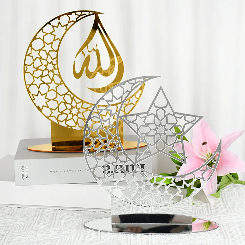 

Eid Mubarak Acrylic Ornament Golden Silver Moon Star Shape Tabletop Ramadan Decoration Islamic Muslim Home Event Party Supplies