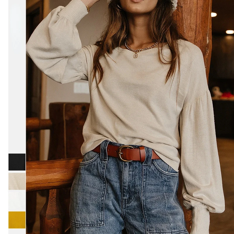 

Ladies Solid Color Tops T-shirt Fashion Casual Loose Lantern Sleeve Pullover Cashmere Tops Lapel French Women's Premium T-shirt
