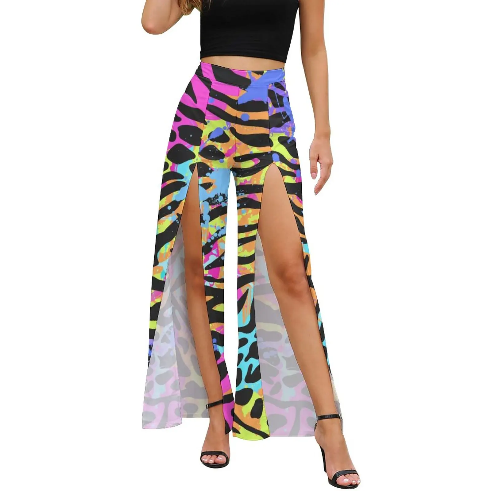 

Colorful Tiger Print Pants Daily Metallic Animal Fur Stripes Night Club Wide Pants Female High Waist Street Wear Trousers