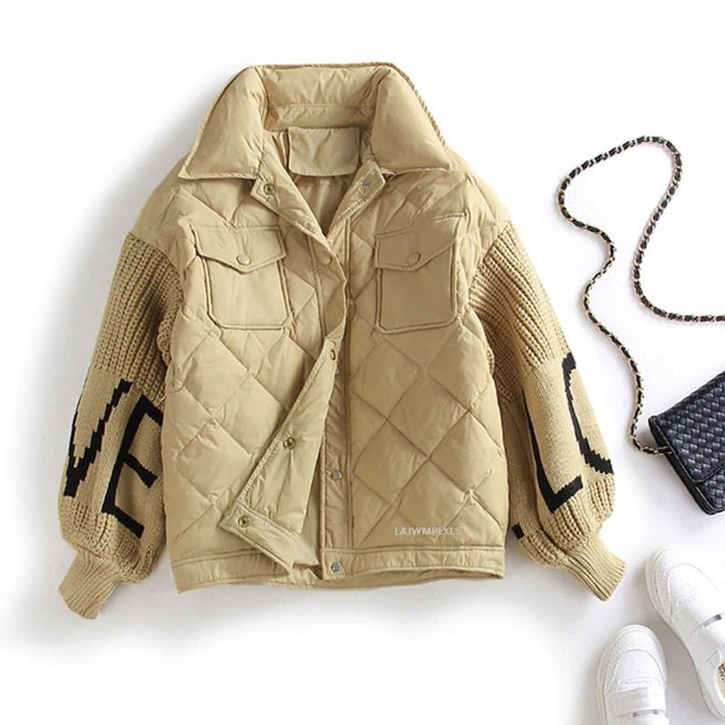 

2021 New Winter Down Coat Women Korean Letter Knitted Lantern Sleeve Patchwork Women's Down Jacket Casual Female Loose Outwear