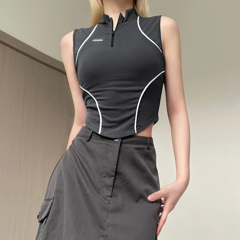 

Punk Style Stitched Tees Women Zip Up Turtleneck Sleeveless Skinny Patchwork T-Shirt Streetwear Irregular Hem Y2k Crop Tops