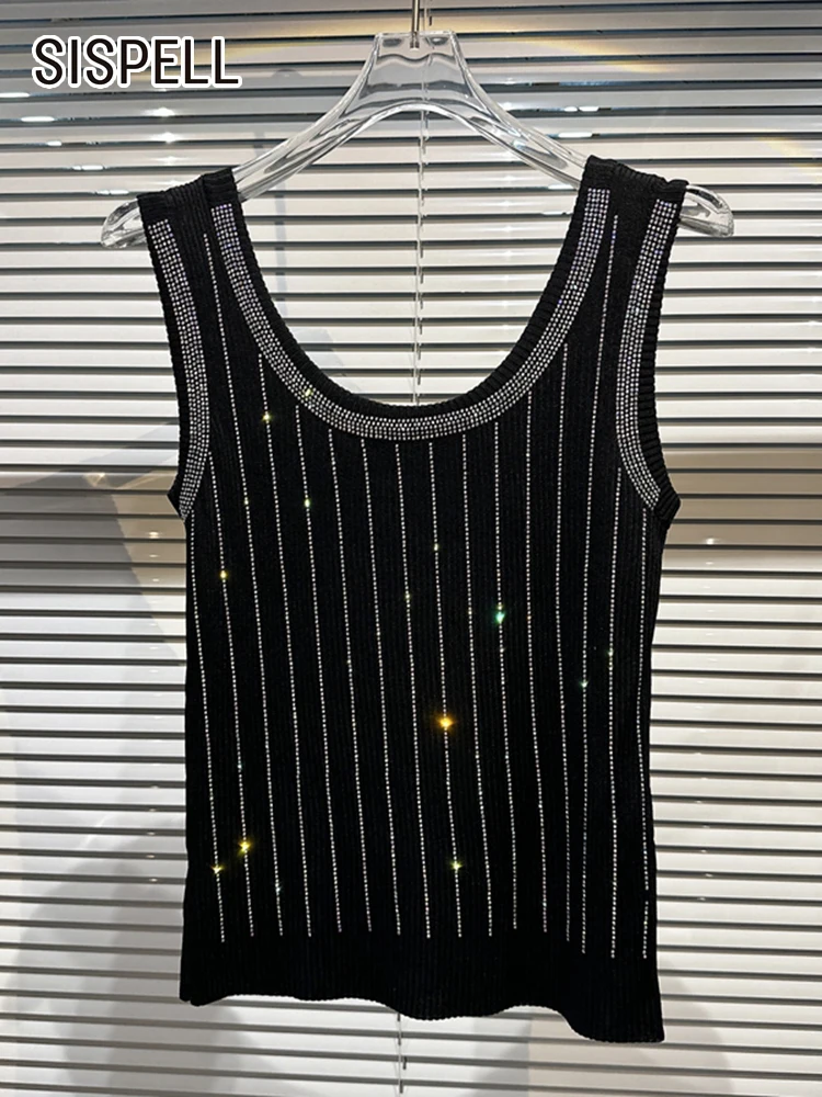 

SISPELL Patchwork Diamonds Striped Knitting Vest For Women Round Neck Sleeveless Slimming Casual Vests Female Fashion Clothes