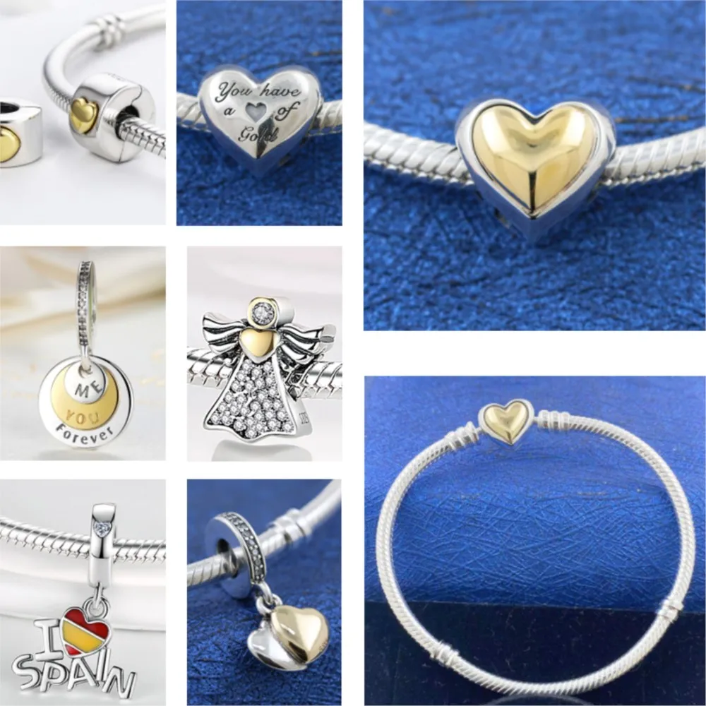 

New Hot Sale 925 Sterling Silver Love Beads Golden Heart Charms Fit Original Pandora Bracelets Women DIY Jewelry