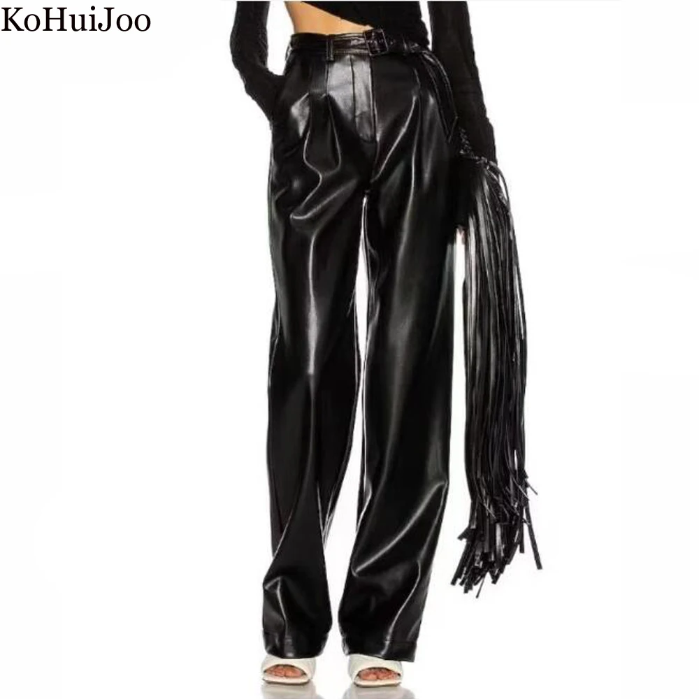 

KoHuiJoo 2022 Autumn Winter New Leather Pants Women Street Style PU Leather Zipper Straight Trousers Fashionable Pants Woman