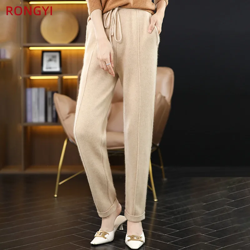 RONGYI 1O0% Merino Wool Women Pencil Pants With Pocket Thickened Autumn And Winter Warm Cashmere Knitted Wide Leg Pants Solid