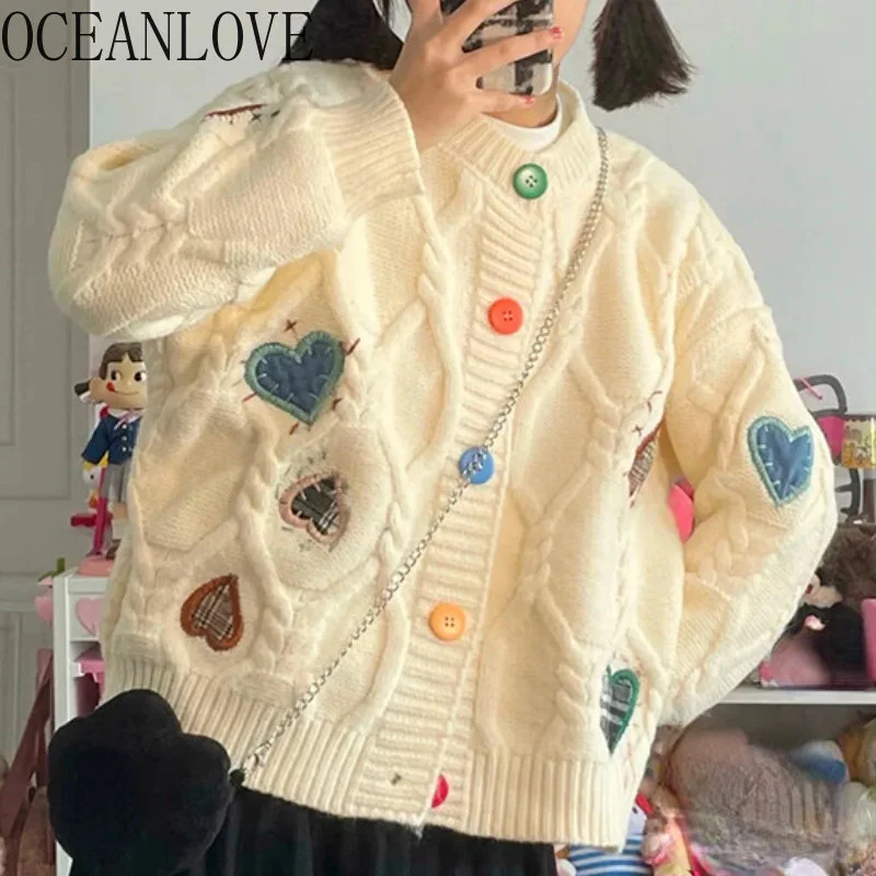

Hearts Sweet Women Sweaters Preppy Style Vintage Korean ashion Cardigans Autumn Winter Thick Cute Chaqueta Mujer