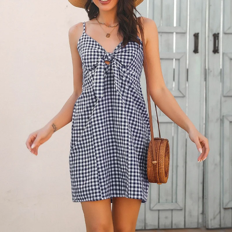 

Elegant Sexy Women Summer Dresses 2022 New V-neck Bowknot Hollow Slim A-line Mini Plaid Sling Dress Chic Casual Spaghetti Strap