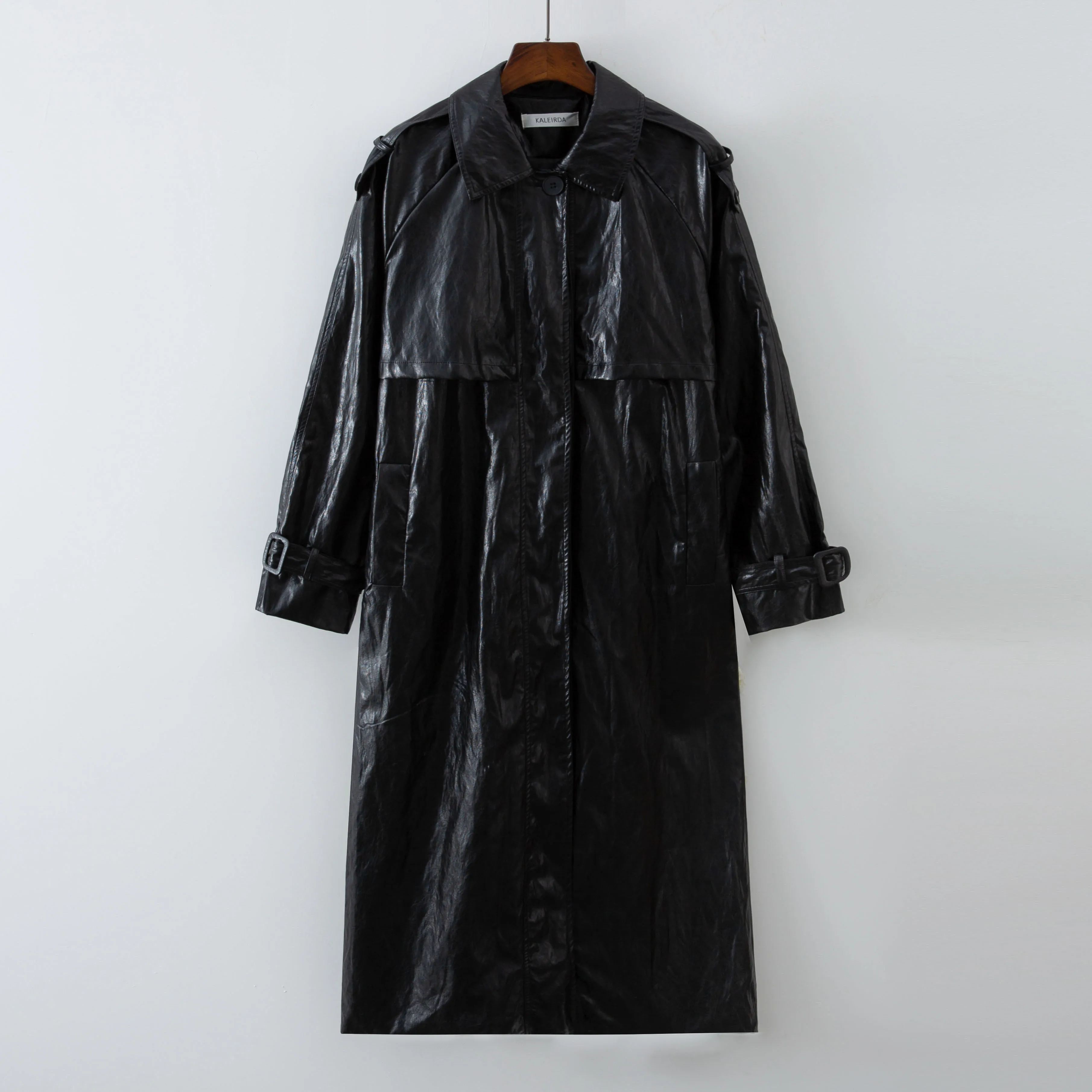 Женский Длинный кожаный тренчкот ветровка с поясом осень 2021 |