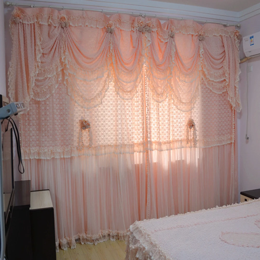 

High Grade Princess 2 Layers Blackout Curtain for Girl's Bedroom Lace Sheer Tulle Curtain with Valance Modern Fashion Cortina