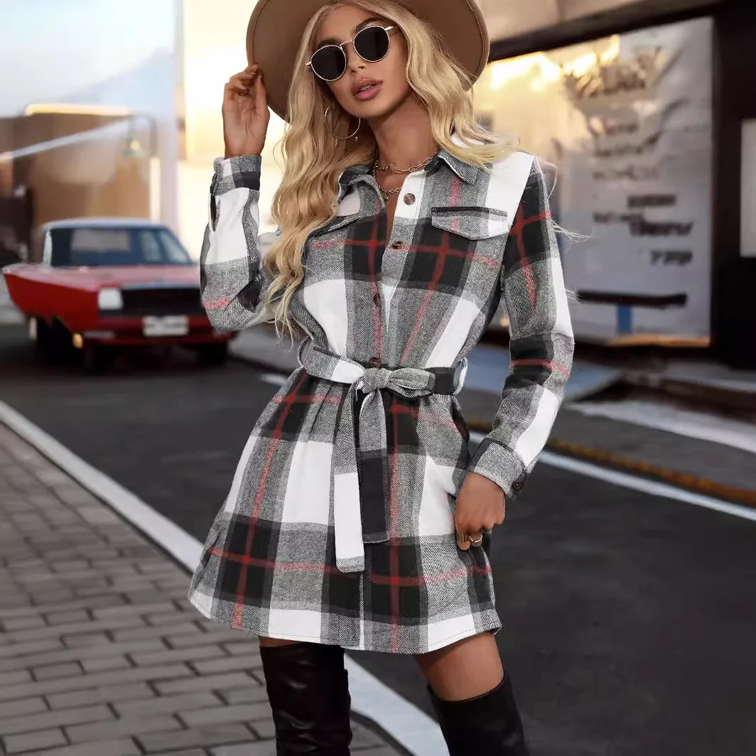 Женское полосатое платье в клетку с длинными рукавами модная одежда элегантное