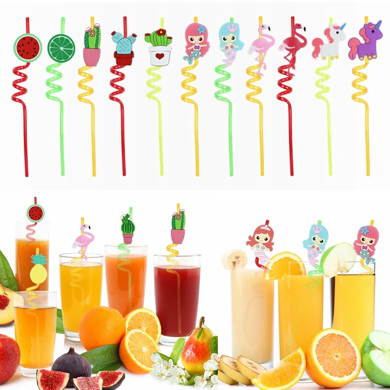 

4Pcs Reusable Unicorn Mermaid Flamingo Fruit Straws Hawaii Party Smoothie Drinking Straw for Kids Birthday Baby Shower Supplies