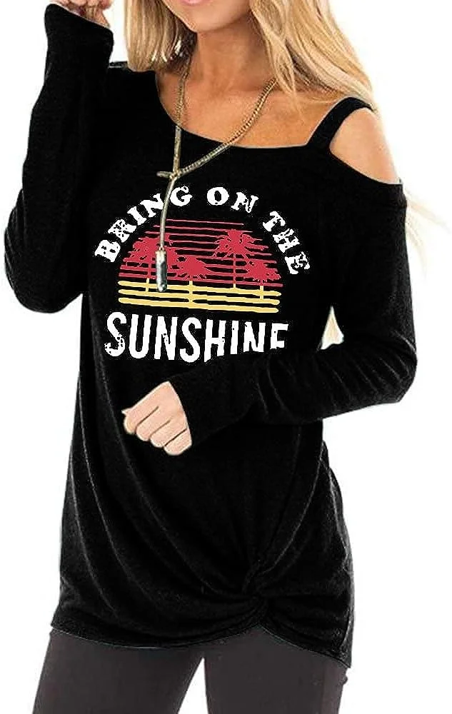 

Bring On The Sunshine Printed Women's Cold Shoulder Tops Long Sleeve Casual Shirts Twist Top Tunic Blouse Tshirt 02