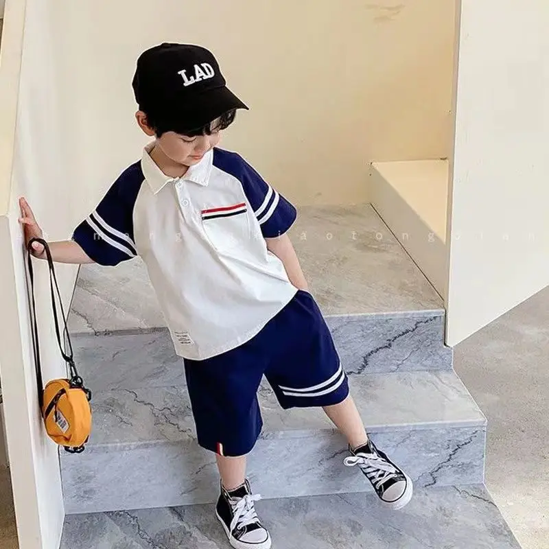 Boys' Short-Sleeved Suit 2022 Summer Clothes Children's Wear Fried Street Children's Polo Shirt College Style Clothes Children