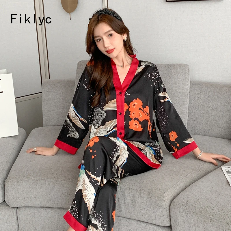 

Fiklyc Newest Women 2022 V Neck Ice Silk Printed Casual Pajamas Sets Fashion Female Trendy Satin Nightwear Long Sleeve Spring