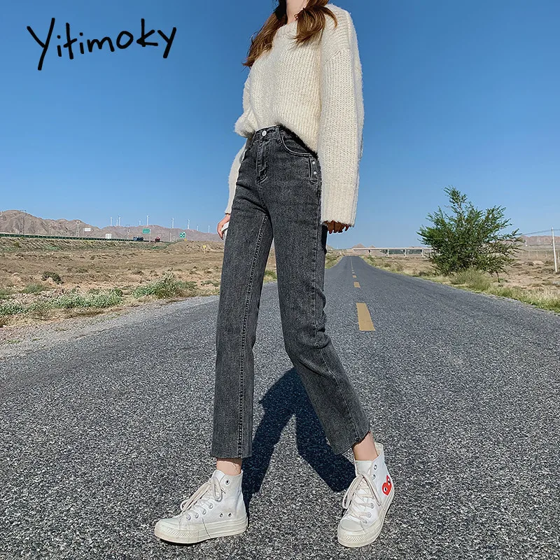 

Yitimoky 2022 Vintage Streetwear High Waist Jeans Woman Straight Korean Style Cotton Denim Pants Female Loose Baggy Jeans