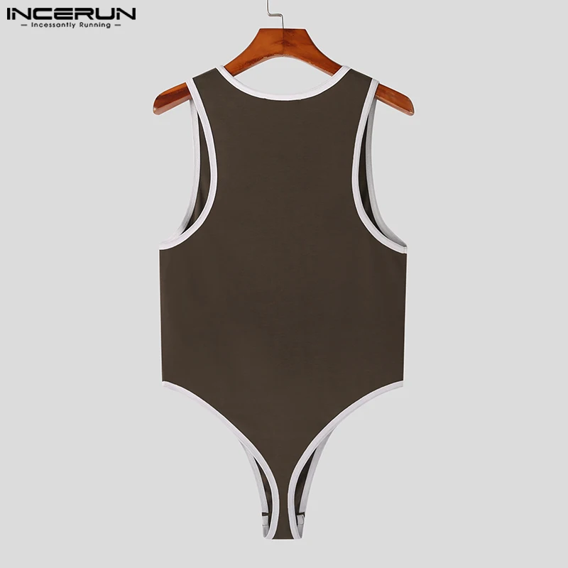 INCERUN 2023 Men Bodysuits Patchwork Skinny Sexy O-neck Sleeveless Rompers Tank Tops Cozy Pajamas Summer Male Bodysuit S-5XL