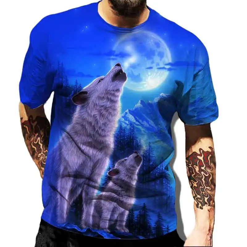 

Summer New Men's 3D Animal Wolf Cat Lion Printed T-shirt Fashion Casual Trend Personality Short Sleeve Hip Hop Harajuku Streetwe
