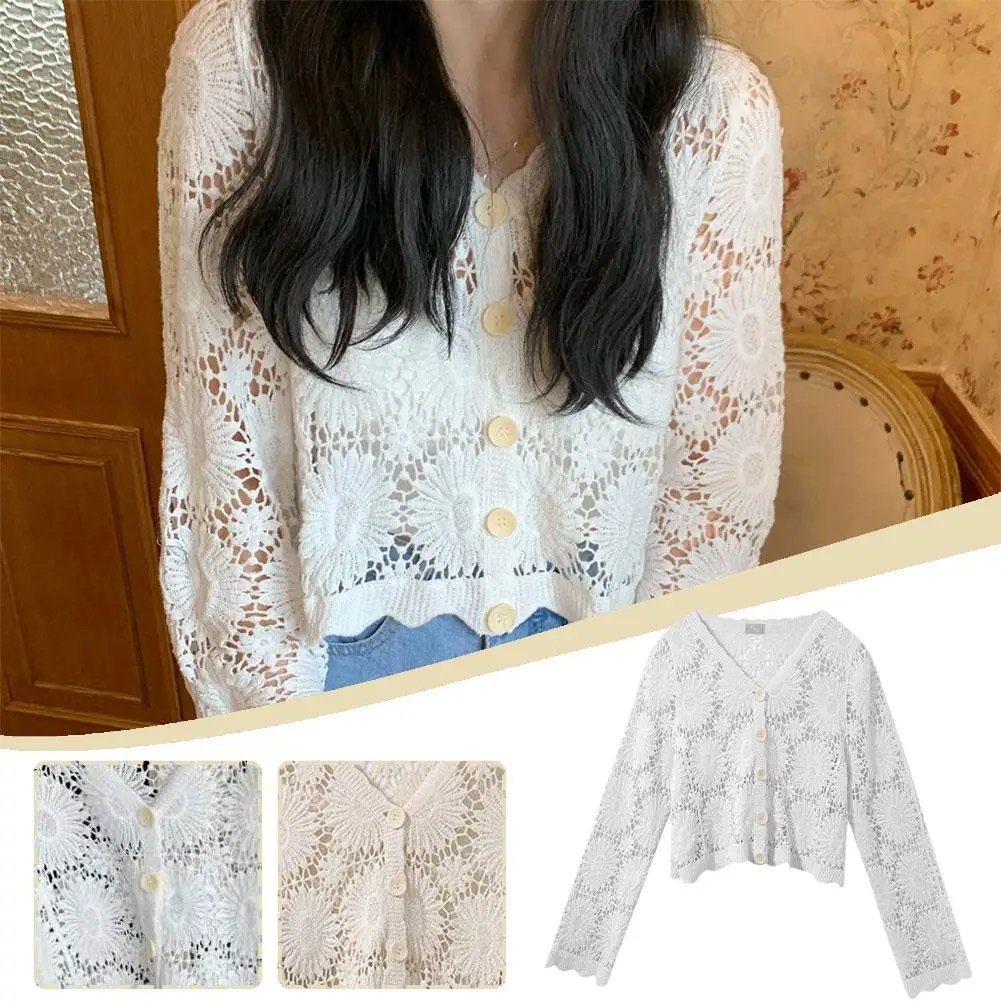 

White Short Top For Women's Autumn And Winter New Fashion Reducing Age Westernized V-neck Hollowed Out Lace Long Sleeved U3H4