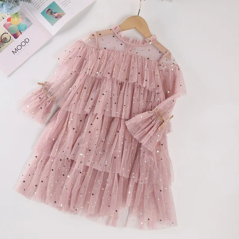 

Spring 2022 New Girl Star Sequin Shining Long Sleeve Tutu Cake Princess Dress Baby Fairy Long Sleeve Lace Tutu Dresses Kid Cloth