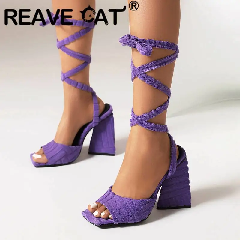 

REAVE CAT Design Women Sandals Square Toe Strange Heels 12cm Flock Crossover Strap Lace Up Fashion Female Shoes Large Size 47 48