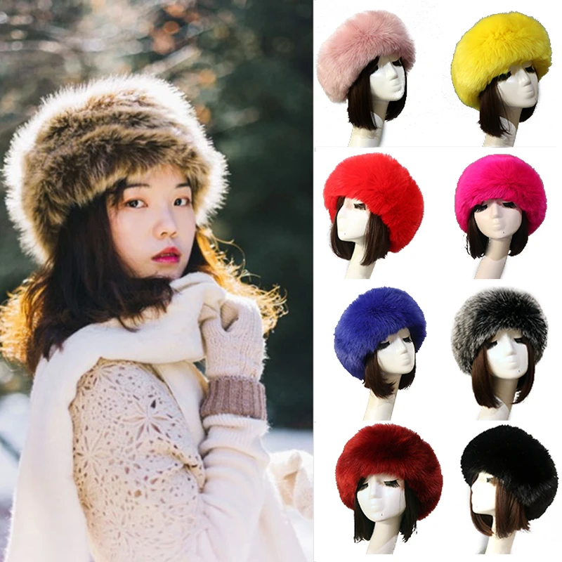 

2022 Winter Thick Furry Hairband Fluffy Russian Faux Fur Women Girl Fur Headband Hat Winter Outdoor Earwarmer Ski Hats Hot