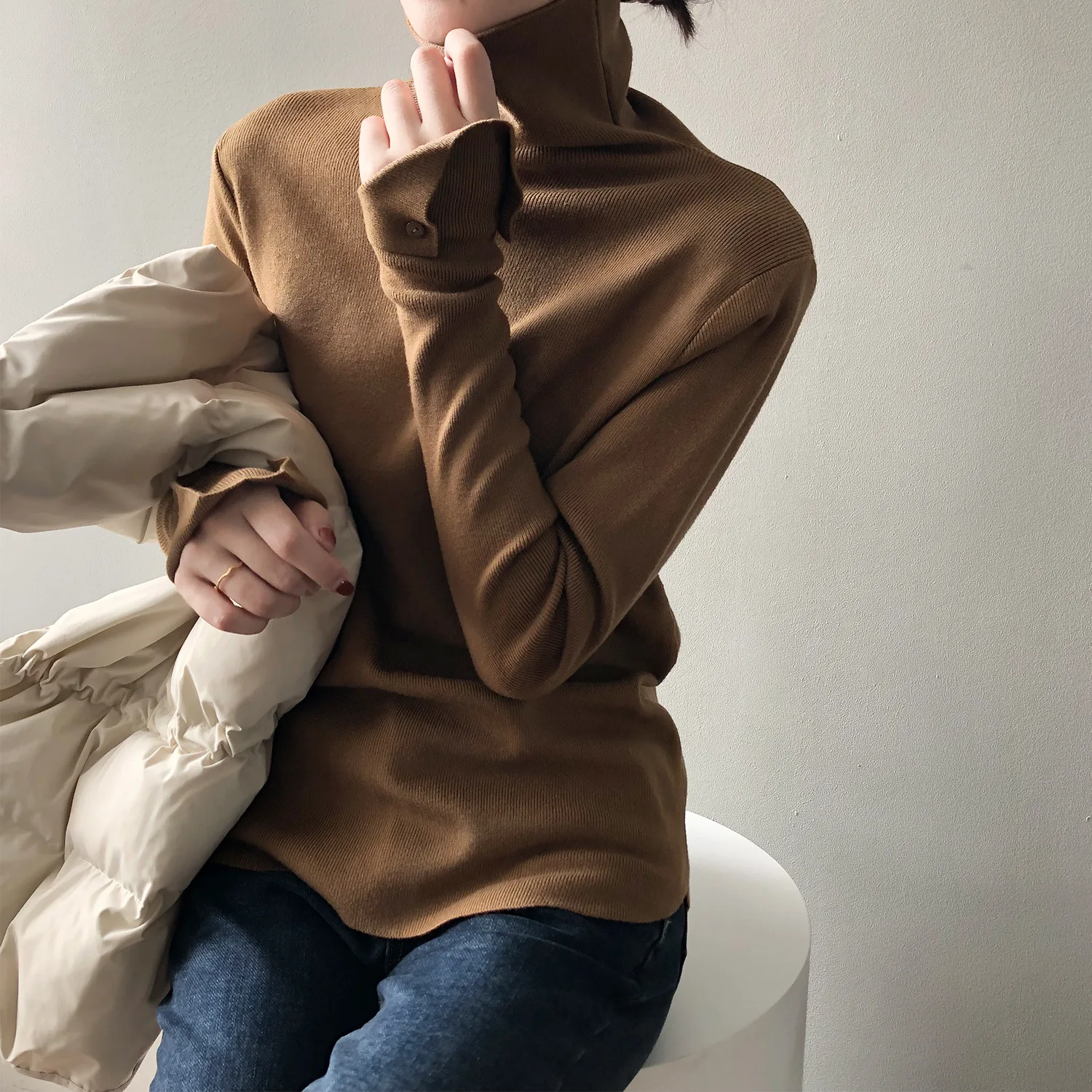 

HXJJP 2022 New Knitwear Pullovers Women's Solid Color Turtleneck Long Sleeve Slim Korean Bottoming Tshirt Female P637