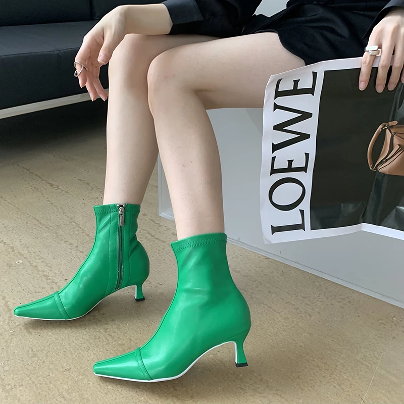 

Fashion Women Ankle Boots Short Sock Boots Woman Size 35-39 Black White Green Brown Thin Mid Heels Autumn Winter Boots Woman 39