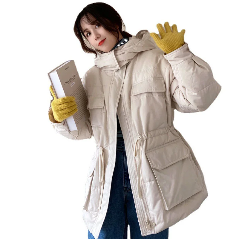 Overcoat 2023 Winter New White Duck Fashion Warm Hooded Drawstring Waist Workwear Women Down Jacket Y46