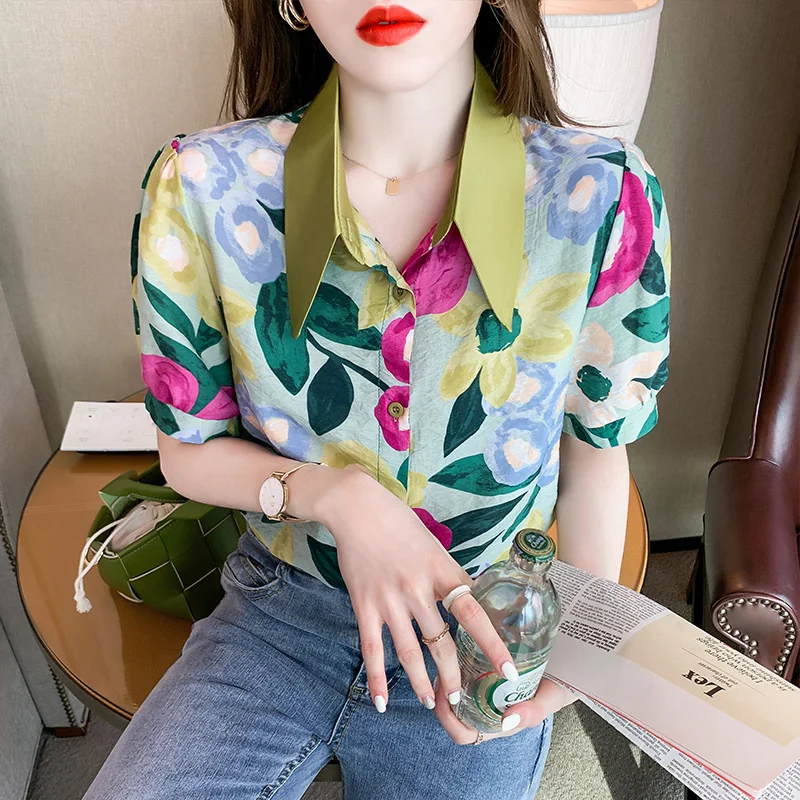 

Chiffon Loose Women's Blouse New Fashion Flower Print Polo Shirt Buttons Summer Casual Short Sleeve Houthion