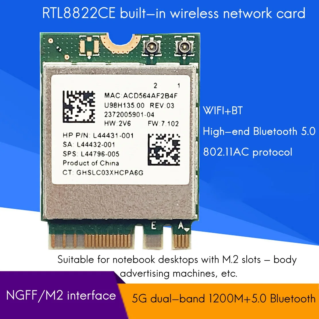

RTL8822CE Wireless Network Card 2.4G/5G Dual-Band Gigabit Wifi Bluetooth 5.0 M.2 NGFF Interface Wifi Wireless Module