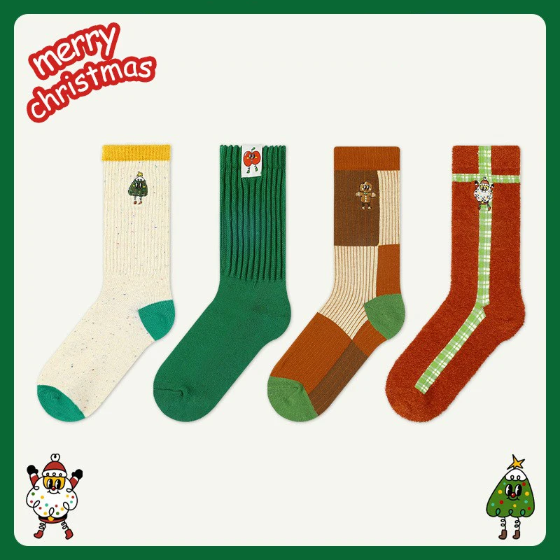 4 Pairs of Christmas socks men's and women's stockings Embroidery Thickened Christmas gift wool hosiery party socks