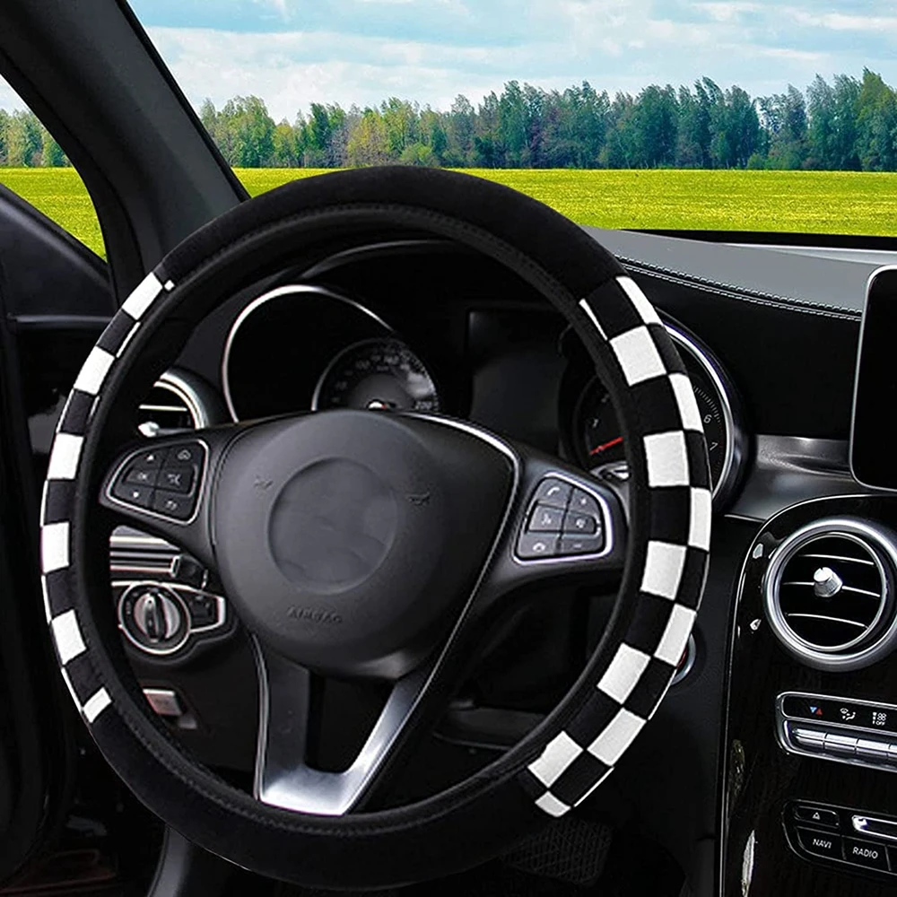 

37-39cm Steering Wheel Cover for Men Women, Black and White Checkered Steering Wheel Cover Grid Car Steering Wheel Cover