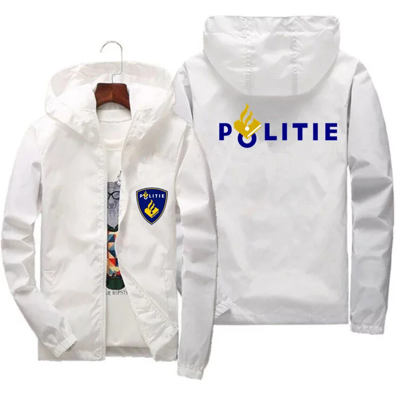 

Mens Netherlands Politie Police Sportswear Thin Windproof Windbreaker Casual Sports Zipper Hooded Bomber Jacket Coat Plus Size