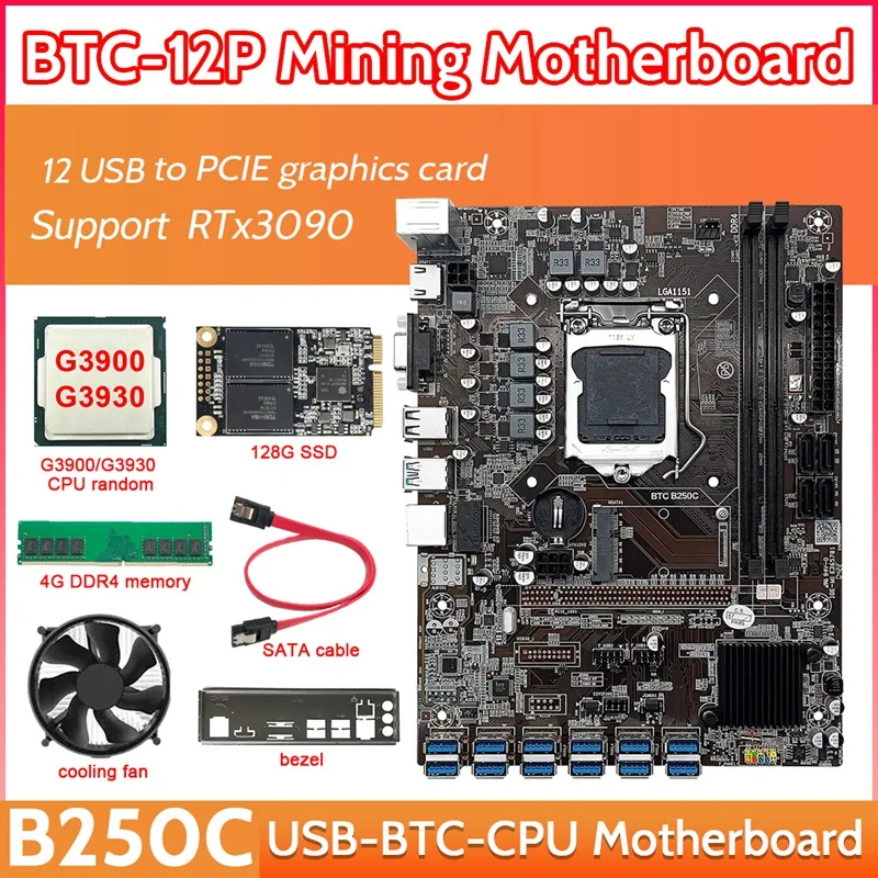 B250C 12Card BTC Mining Motherboard+G3900/G3930 CPU+Fan+4G DDR4 RAM+128G SSD+SATA Cable+Bezel 12USB3.0 GPU LGA1151 MSATA