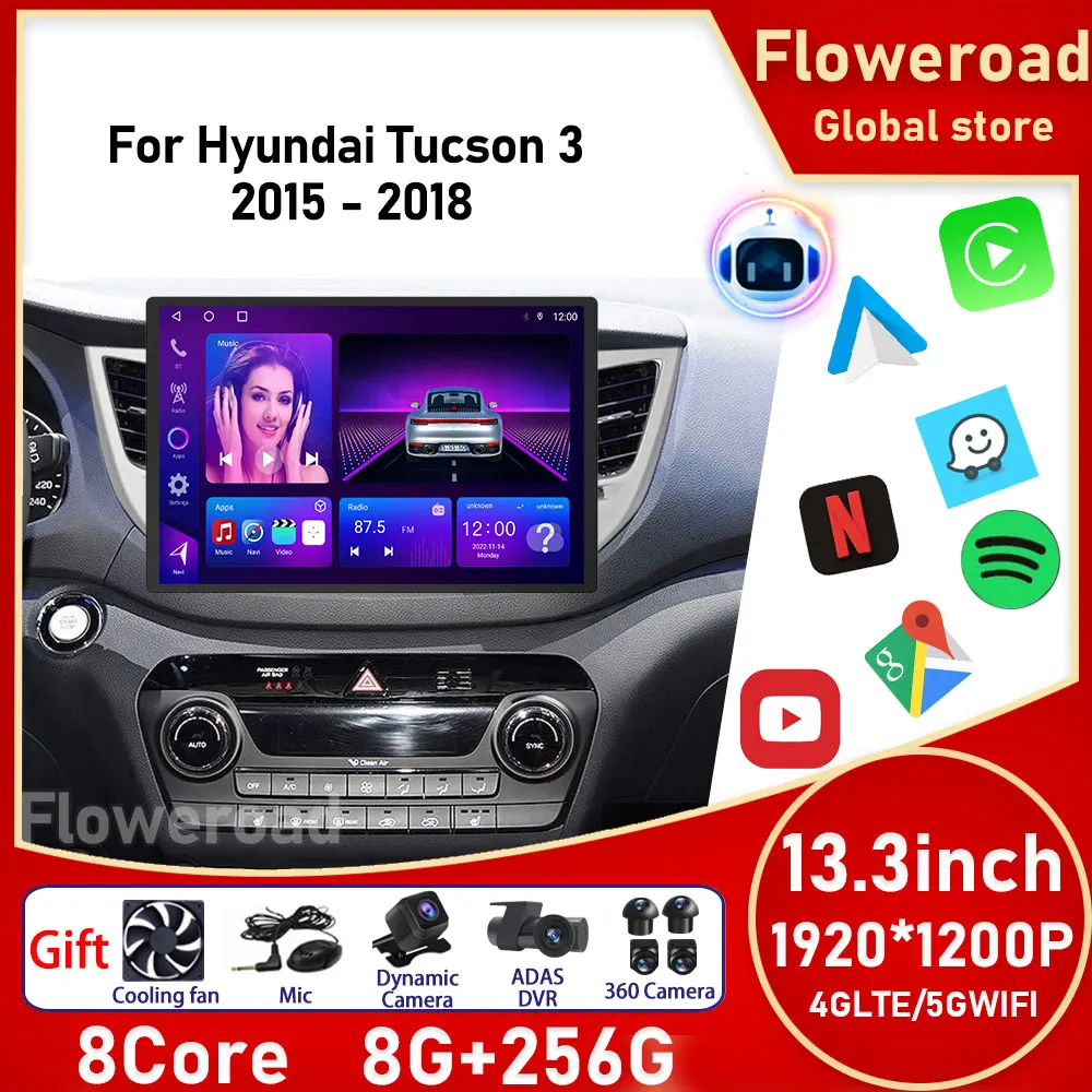 

Мультимедийная магнитола для Hyundai Tucson, мультимедийный плеер на Android, диагональ 13 дюймов, с GPS, DSP, Carplay, типоразмер 2 DIN, для Hyundai Tucson 3, 2015 - 2018