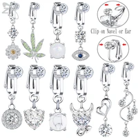 zs 1pc stainless steel faux fake belly ring flower heart clip on umbilical navel belly button ring cz cartilage drop earrings
