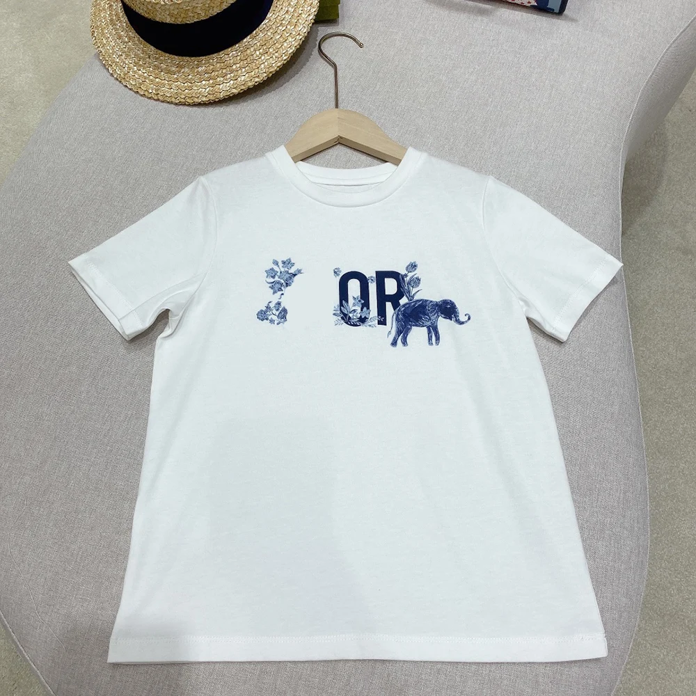 

MIDODO 2022 Summer Children Casual Letter Elephant White T-shirt Boy Girls Cotton Short-sleeve O-neck Tee Top Kids Clothes