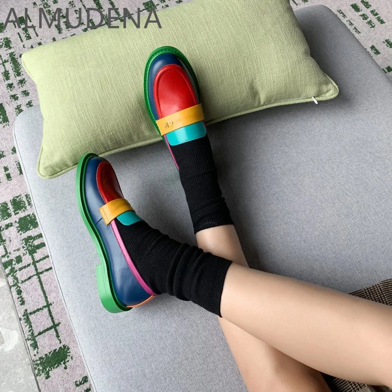 Genuine Leather Flat Loafers Women Shoes Cow Leather Mixed Colors Leisure Casual Square Heel Low Heel Shoes Outside Metal Word