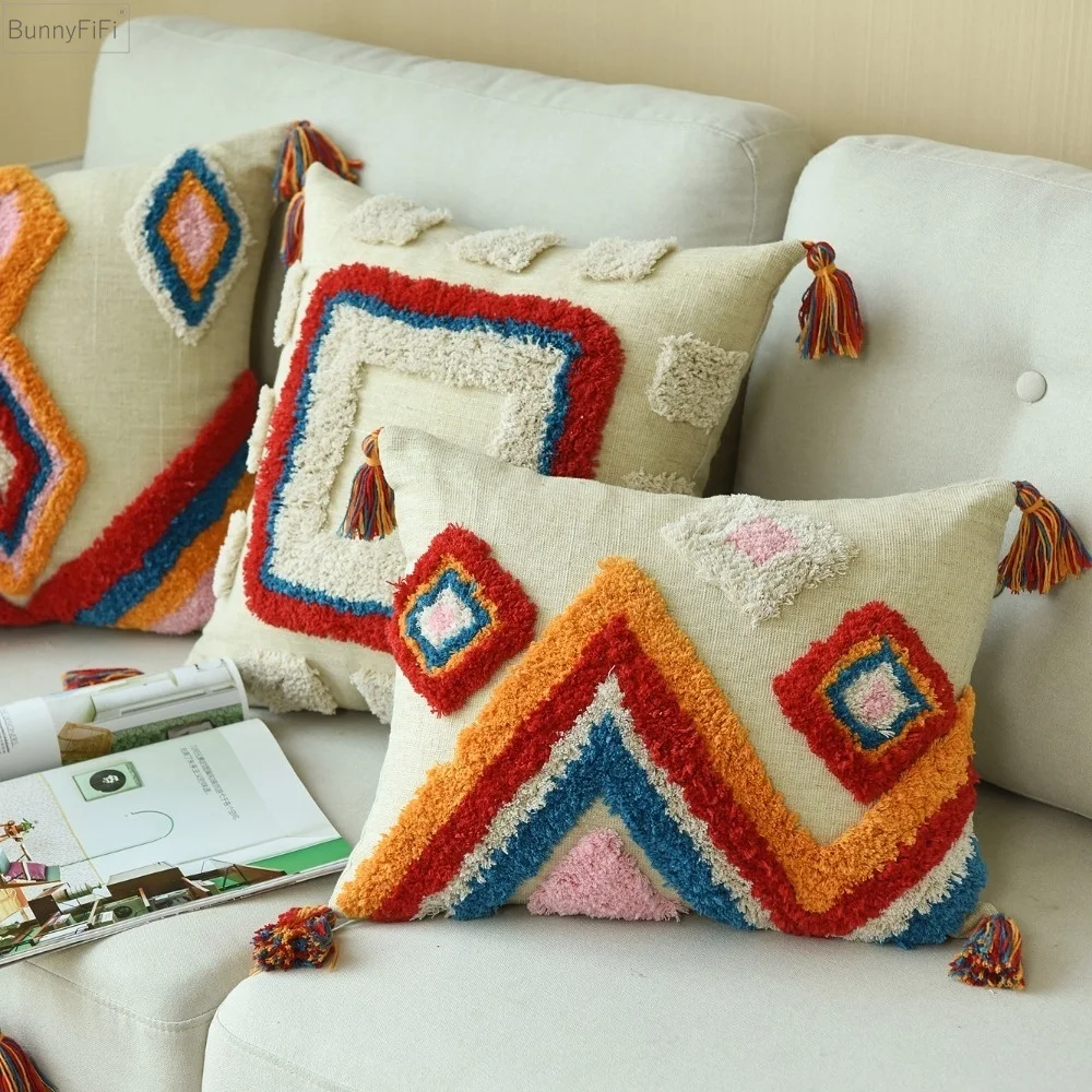 Luxury marokański ręcznie robiony poszewka na poduszkę wełniane frędzle w stylu Boho etniczna kolorowa 45x45cm/30x50cm HomeDecoration