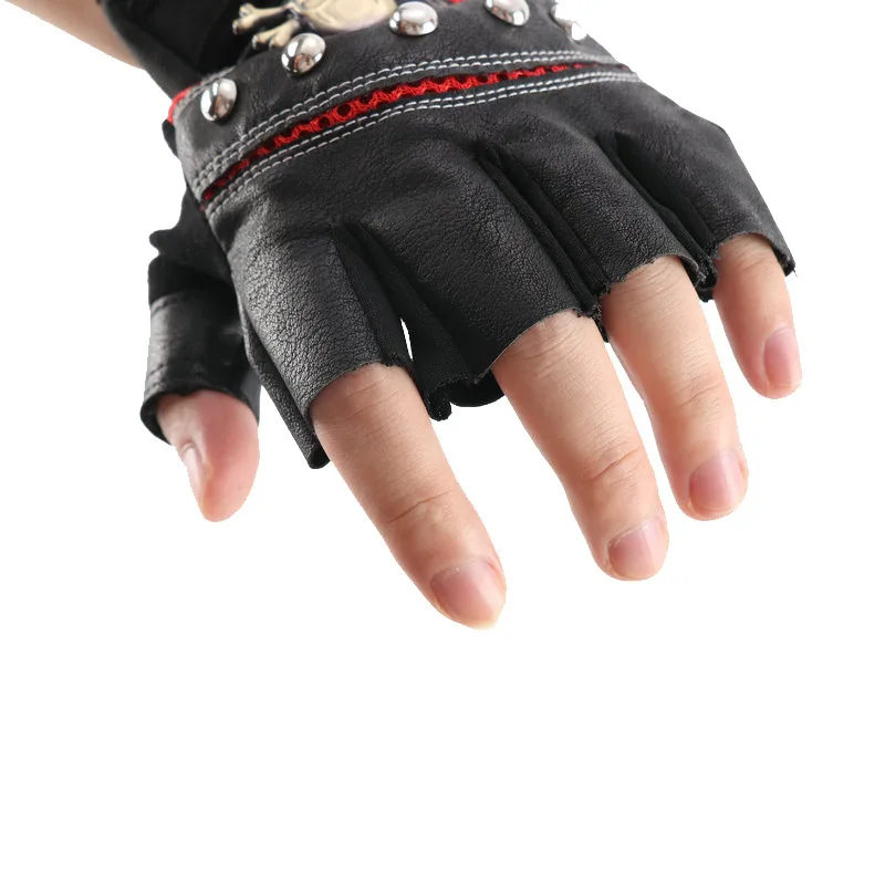 

PU Half Finger Leather Cycling Gloves Men's Mountaineering Riding Tactics Personality Skull Head Rivet Fitness Protective Gloves