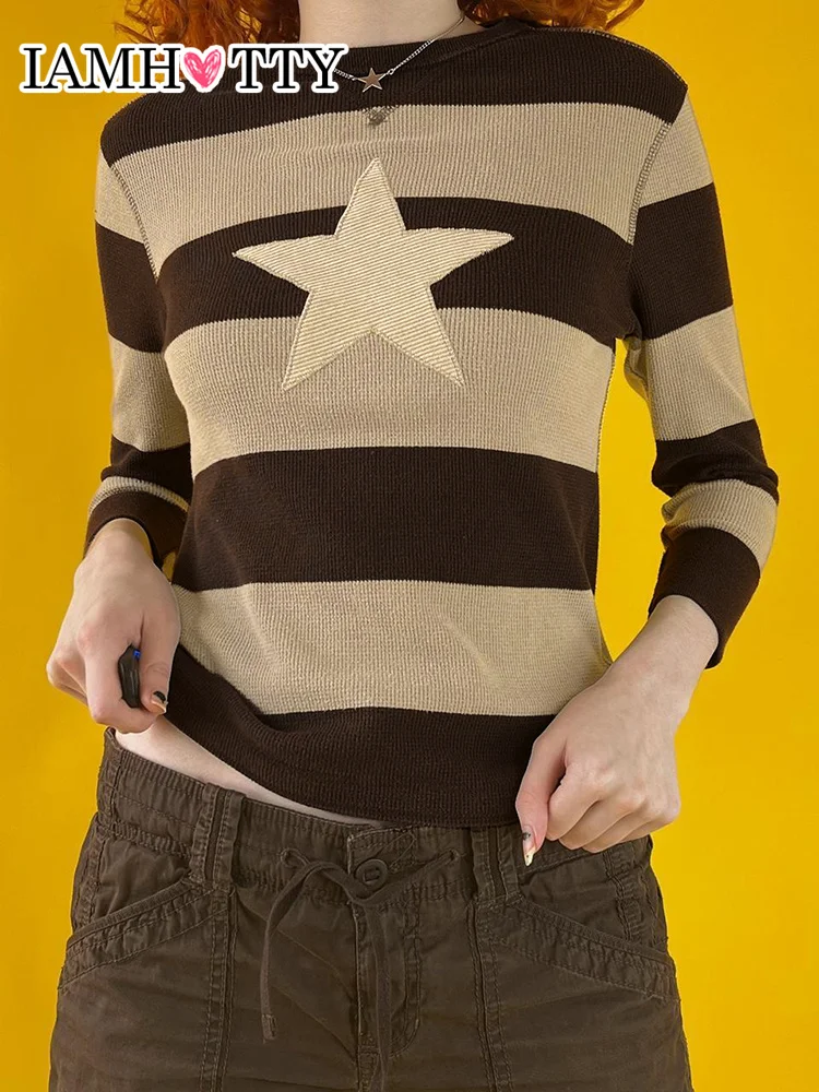

IAMHOTTY Star Striped Y2K Sweater Women Brown O-neck Slim Knitted Pullovers Vintage Grunge Long Sleeve Jumper Casual Basic Tops
