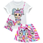 Комплект одежды для девочек LOL, летний топ с коротким рукавом + юбка с мультяшным принтом и сумка, комплект детской одежды из 3 предметов