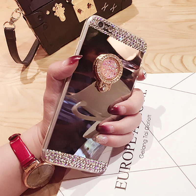 For iPhone 14 13 12 11 Pro Mini 8 6 7 XS Max XR SE 2020 Case Glitter Diamond 360 Rotation Ring Stand TPU Mirror Rhinestone Funda