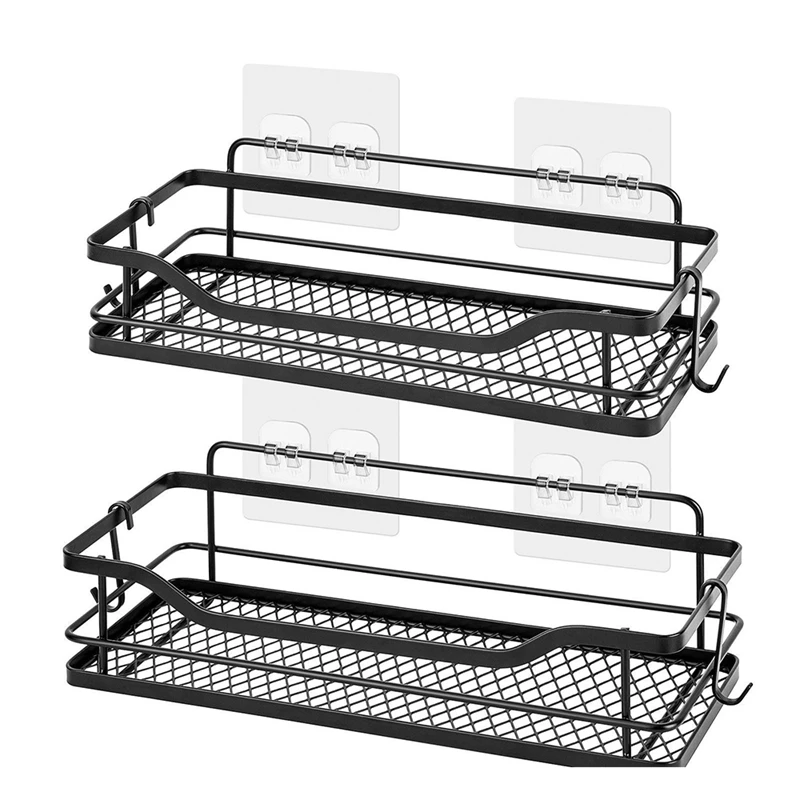 

2Pcs Bathroom Basket Rack With Hooks, Storage Rack Organizer With Adhesive, No Drilling, Metal Shower Rack For Kitchen
