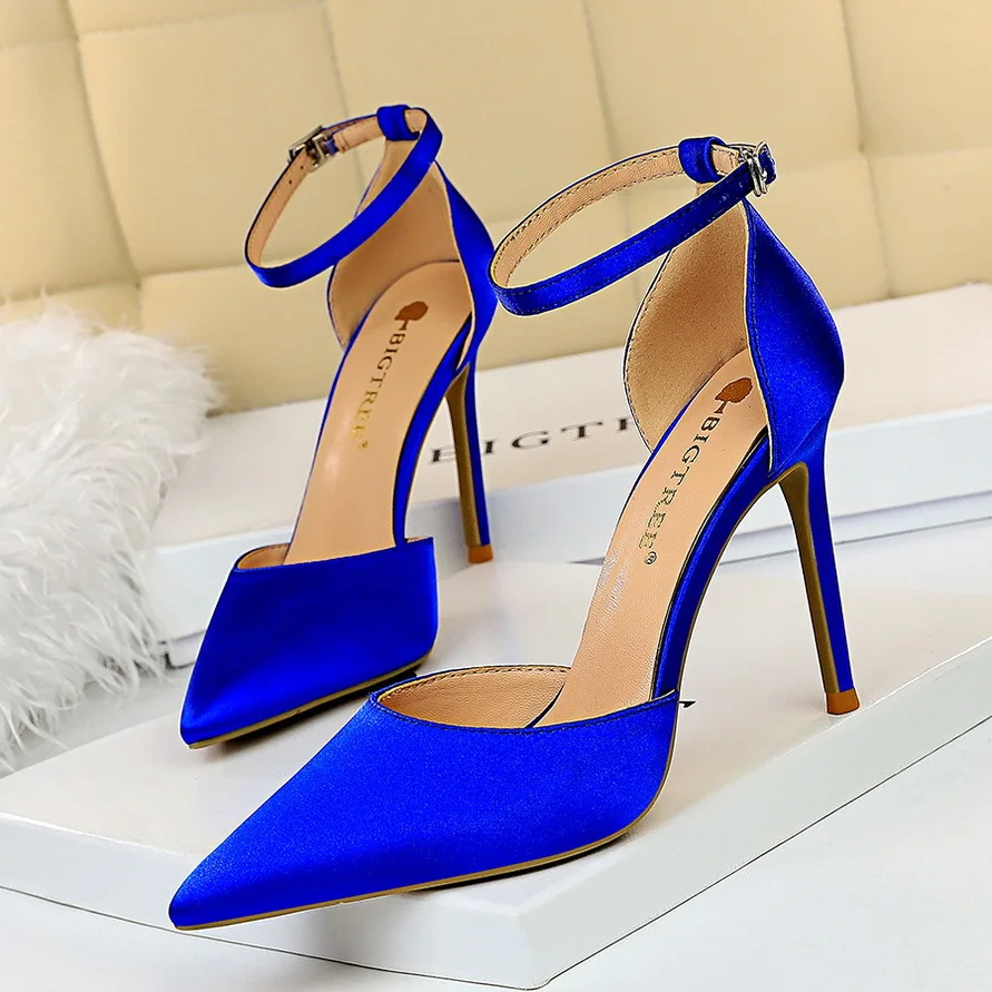 

2022 Summer Elegant Women Silk Blue Green Heels Sandals 10cm Pencil High Heels Sandals Closed Toe Sandals Wedding Shoes Big Size